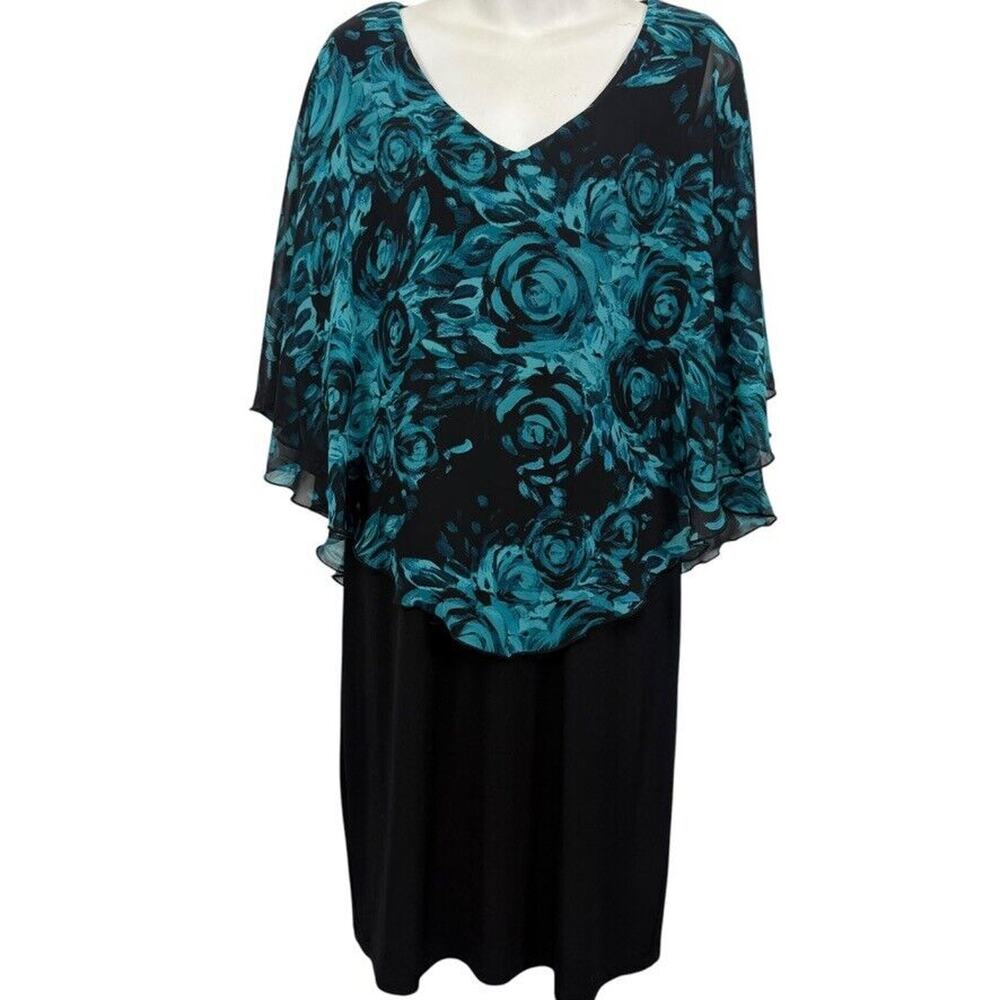 Connected Apparel Womens Black Teal Floral Dress Sheer Cape Knee Length sz 8